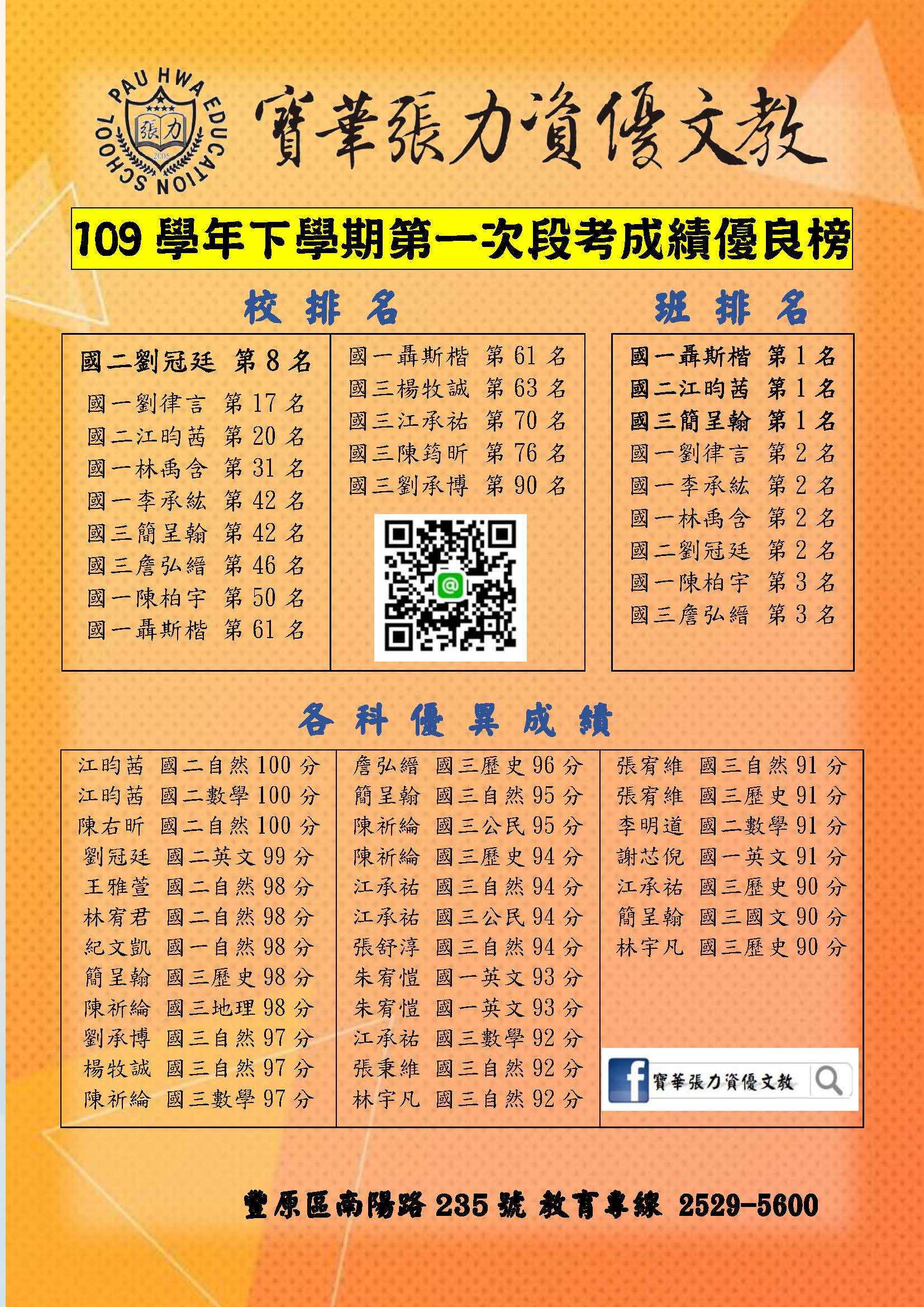 109學年下學期第一次段考成績優良榜