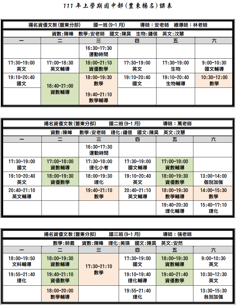 111年揚名資優文教豐東分校課表