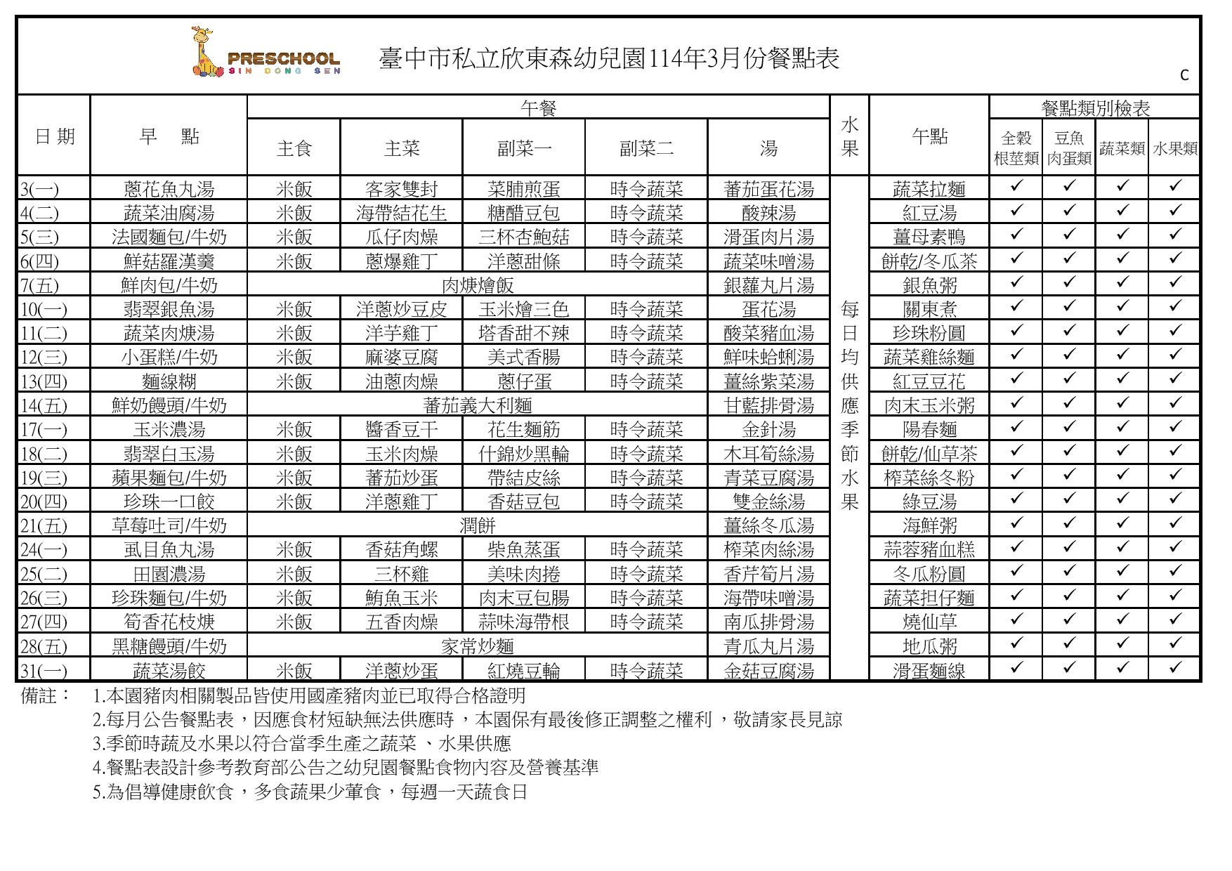 114年3月份餐點表