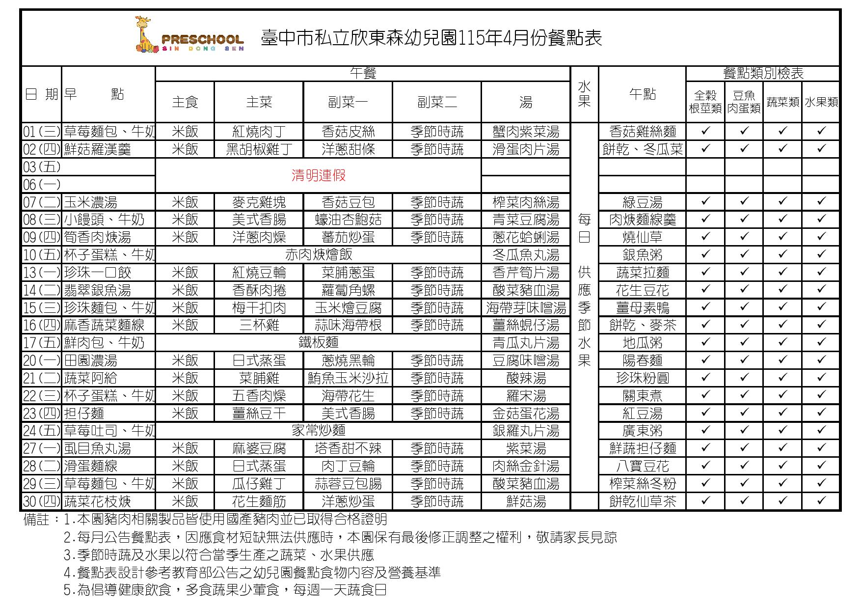 115年4月份餐點表