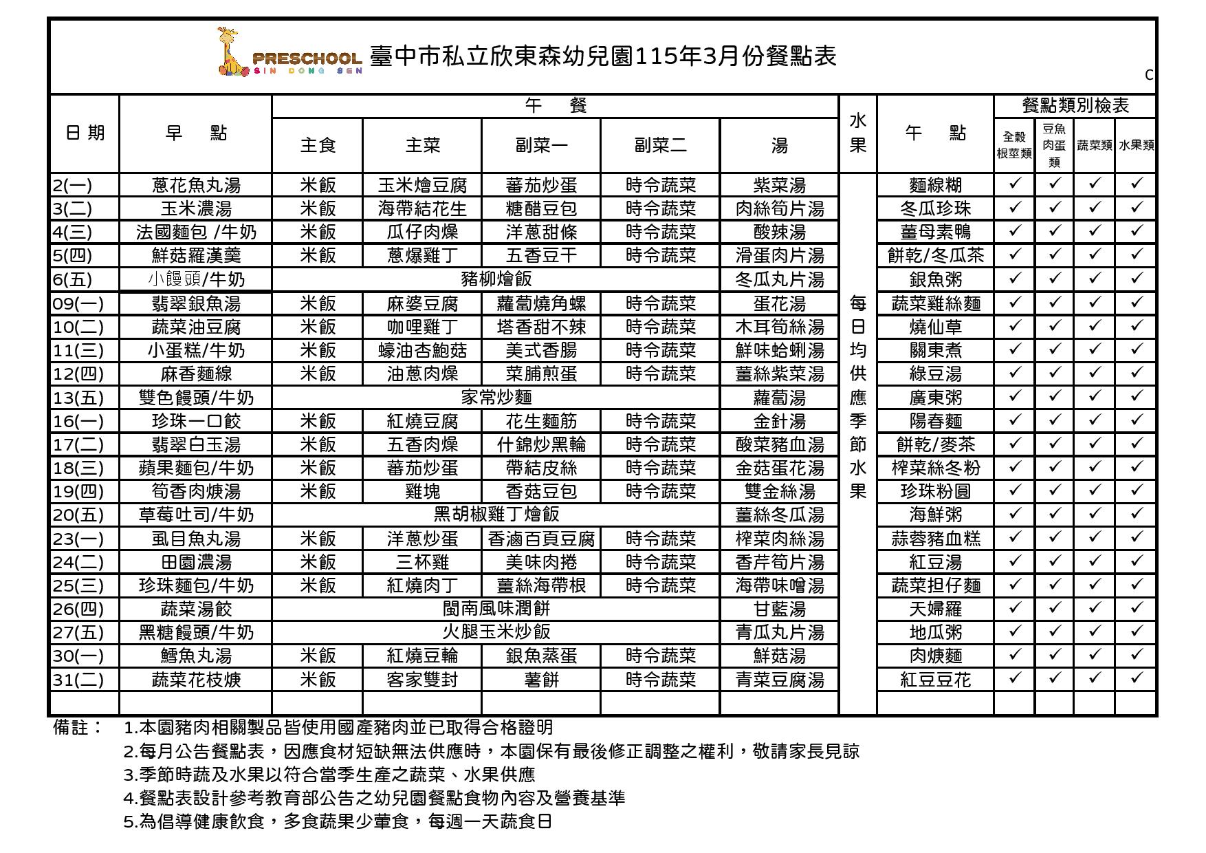 115年3月份餐點表