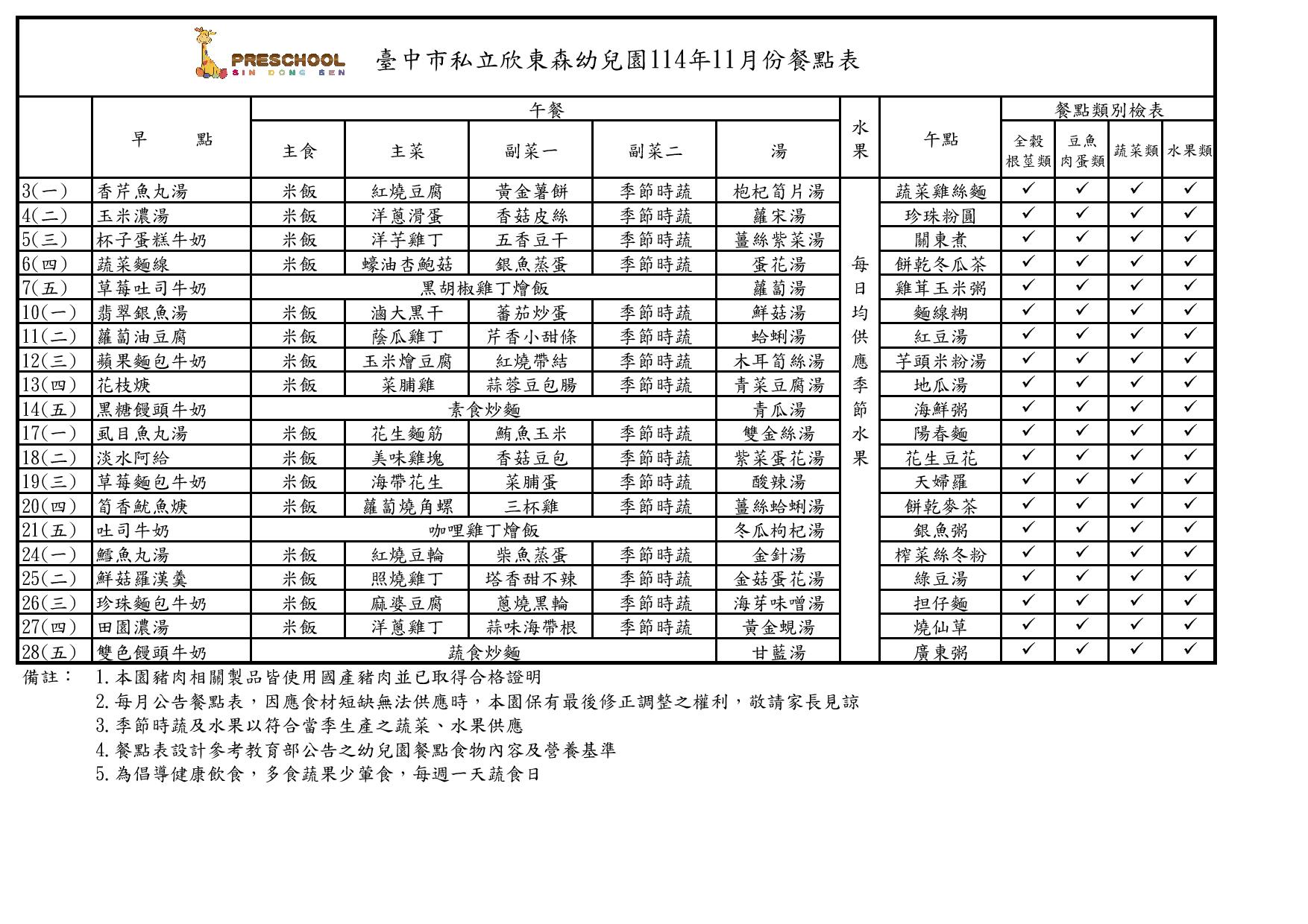 114年11月份餐點表