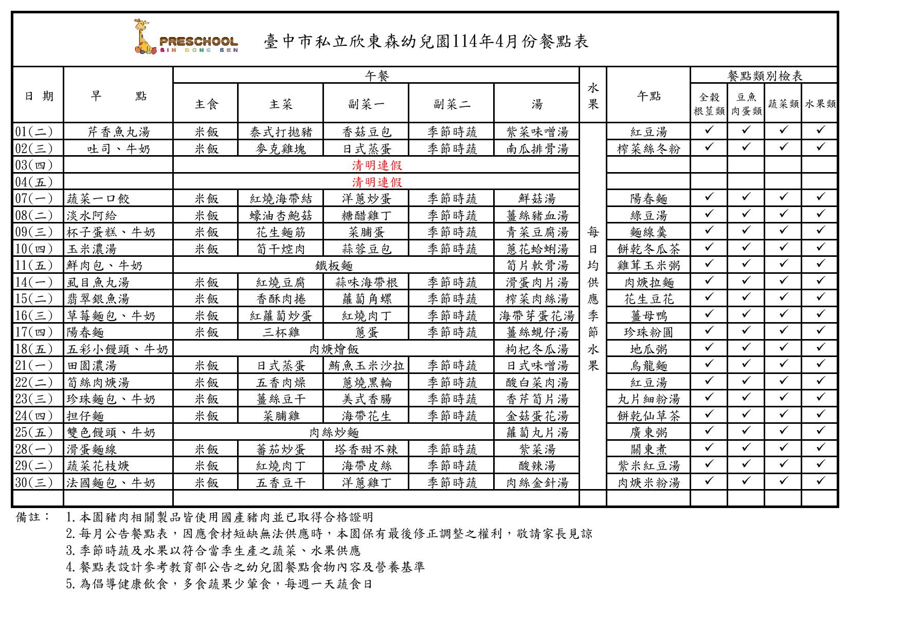 114年4月份餐點表